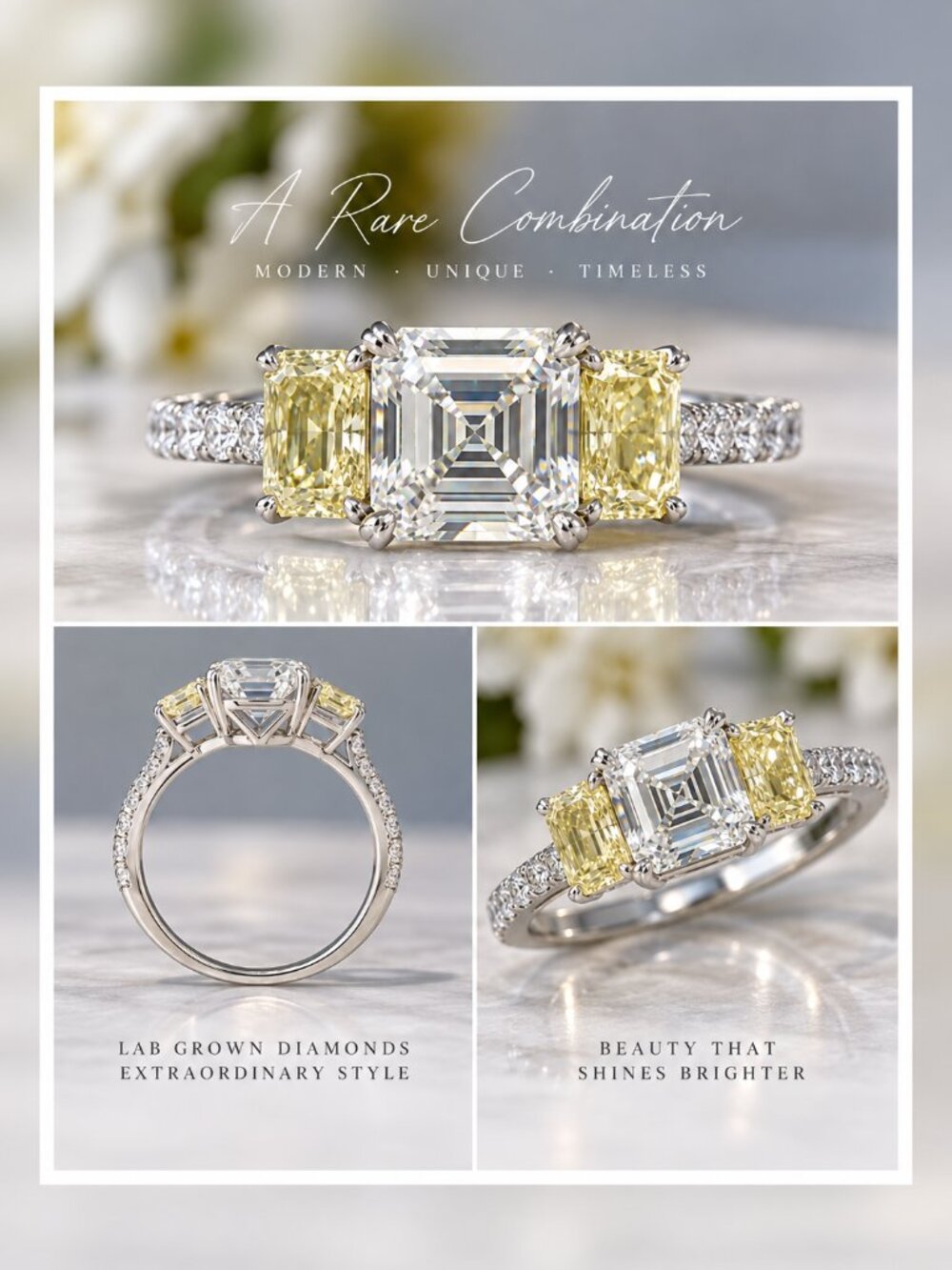 9.18 CTW IGI Lab Grown Diamond 3-Stone Ring | 7.07 CT Princess + Marquise